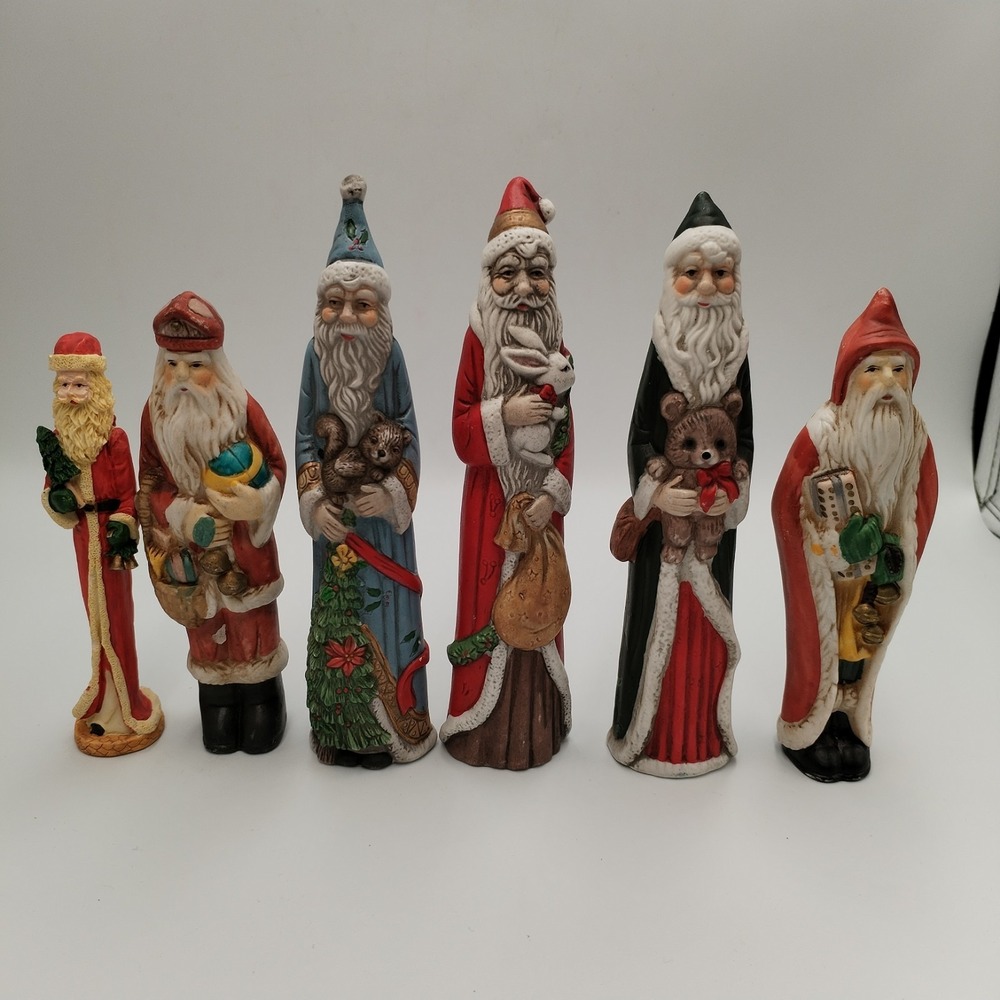 Set 6 Vtg Santa Claus Figurines Father Christmas Woodland Animals Resin 4-8 In